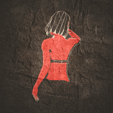 Illustration of a beautiful fashion model posing in a stylish swimsuit. Young attractive woman in bikini. Sketch style outline. Back viewの写真素材