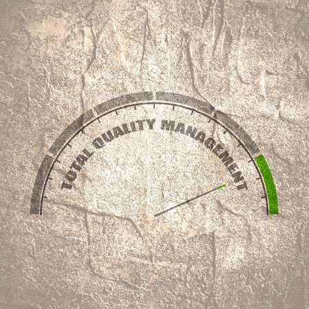 TQM Total Quality Management - describes a management approach to long-term success through customer satisfaction. Instrument scale with arrow. Colorful infographic gauge element.の写真素材