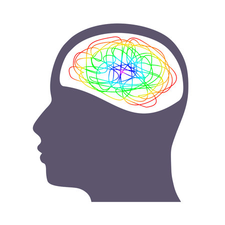 Psychotherapy, stress and psychosis. A man head in profile with a tangled ball of nerves, scribbles symbolizing a depressed state of a person. Psychological help. Personality disorder and depressionのイラスト素材