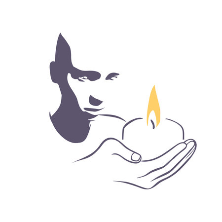 Man holding candle. Symbol of prayer and church concept in simple linear style. Memorial linear symbol.のイラスト素材