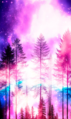 Beautiful night sky and the trees. Universe filled with stars. Abstract nebula or galaxy. Astronomy conceptual backgroundの写真素材