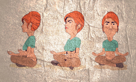 Young girl sitting in yoga lotus pose. Happy relaxed female character performing meditation exercise. Sport fashion girl outline in urban casual style. Front, side and top angle viewの写真素材