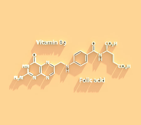 Vitamin B9 Folic acid molecular chemical formula. 3D renderの写真素材