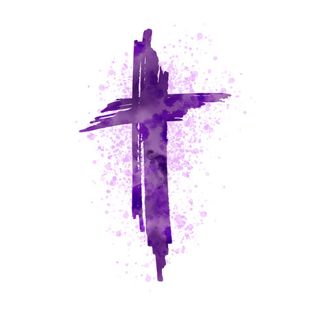 Watercolor and spray painting Christian cross for Ash Wednesday web banner or social graphic. The first day of Lent is a holy day of prayer and fasting.の写真素材