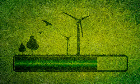 Progress or loading bar with trees and wind turbine. Green fresh spring grass. Ecology concept....
