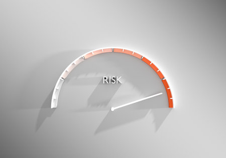 Business risk gauge with low to high indicator. A scale from low to high, symbolizing the concept of business risk assessment and management. 3D renderの写真素材