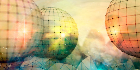 Low poly mountains landscape. Spheres covered by grid and textured by starfield