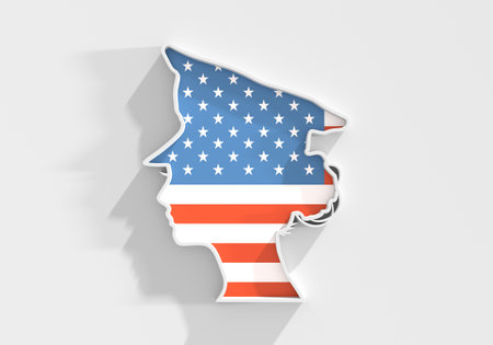 Policewoman face side view icon. Elegant silhouettes of a female head. Avatar profile sign. National flag of USA. 3D renderの写真素材