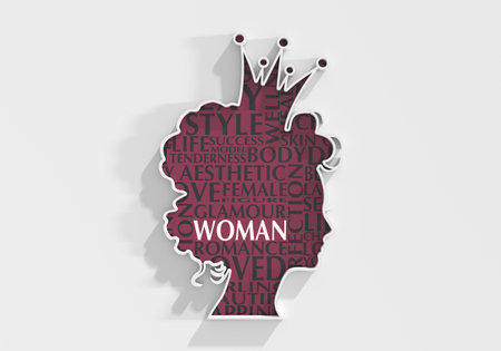 Profile view silhouette of a princess or queen. Cute girl portrait textured by keywords tag cloud. 3D renderの写真素材
