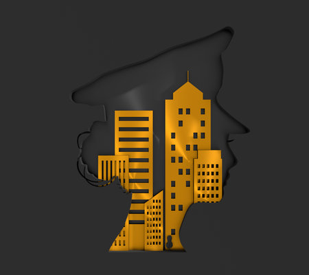 Policewoman face side view icon featuring buildings icons. Elegant silhouettes of a female head. Avatar profile sign. 3D renderの写真素材