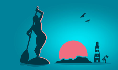 Illustration of woman posing with surf board. Landscape with mountains and sunriseのイラスト素材