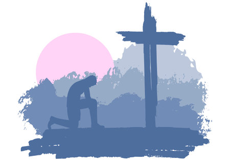 Man in prayer pose at the cross. Brush paint backdrop. Religion conceptのイラスト素材
