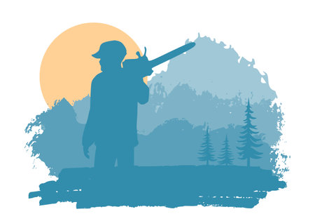 Lumberjack worker silhouette against brush painted sunset landscape.のイラスト素材