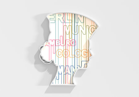 Portrait of a female head. Face side view icon. Elegant silhouettes. Avatar profile sign. Cities names in geometry style design. 3D renderの写真素材