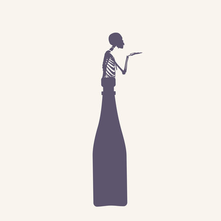 Unhealthy lifestyle concept. Addiction to alcohol. Wine bottle rooted with crawls out skeletonのイラスト素材