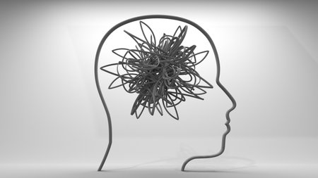 Psychotherapy, stress and psychosis. A man head in profile with a tangled ball of nerves, scribbles...
