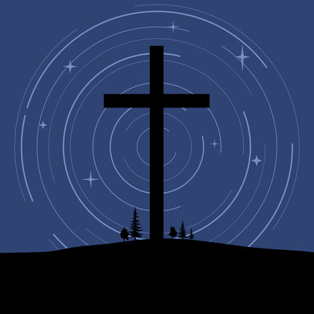 Christian cross against night sky background. Religion concept.のイラスト素材