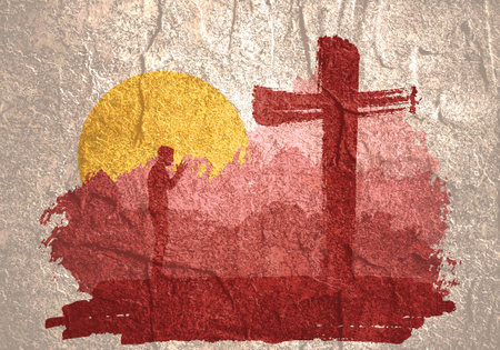 Man in prayer pose at the cross. Brush paint backdrop. Religion conceptの写真素材