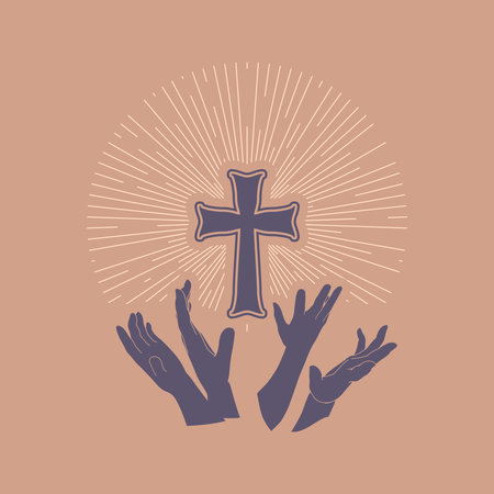 Human hands reaching out to the Christian cross, almost touching. Help, religion and love concept. Cross icon between handsのイラスト素材