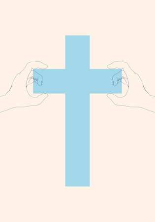 Hands hold Christian cross. Religion concept illustrationのイラスト素材
