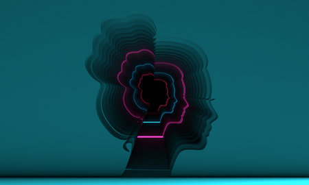 Background with young woman face side view shaped empty corridor. Elegant silhouette of a female head. Avatar profile sign. 3D renderの写真素材