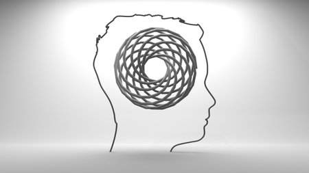 Personal growth and development. A man head in profile with a tangled ball of nerves. Business and education concept. Metaphor of problem solving, chaos and mess, difficult situation. 3D renderの写真素材
