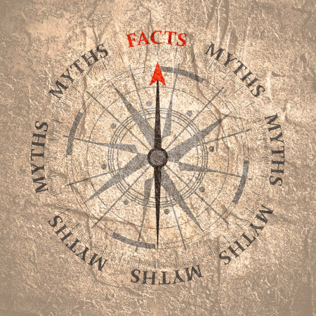 The needle of compass points to the word facts ignoring the words myths. Religion, science and business concept of opposites, decisions, and uncertainty.の写真素材