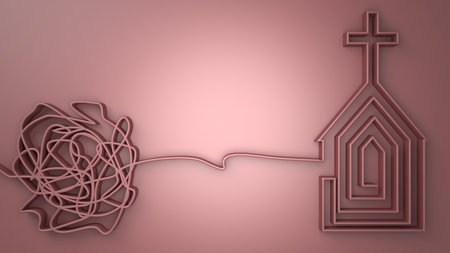Cross and church building in thin lines style. Path to Christian church religion conceptの写真素材