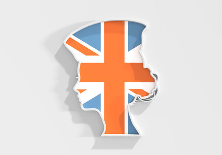 Portrait of a female head. Face side view icon. Elegant silhouettes of a female head. Avatar profile sign. National flag of United Kingdom. 3D renderの写真素材