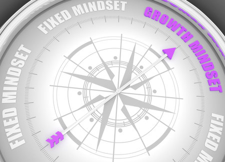 The needle of compass points to the words growth mindset ignoring the words fixed mindset. Success positive approach and flexibility in business, new results and innovative way. 3D renderの写真素材
