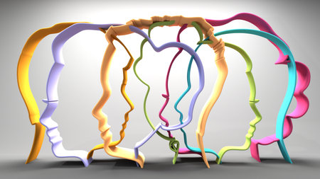 People silhouettes. Thin line. Diverse crowd. Community, society, different personalities and cultures make population. Multicultural, international rights concept. Right to be different. 3D renderの写真素材