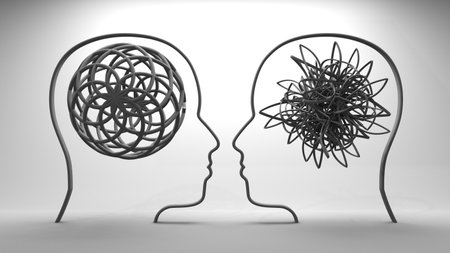 Metaphor bipolar disorder mind mental. Split personality. Concept mood disorder. Two head silhouette. Psychology and mental health. Dual personality concept. Tangle and order. 3D renderの写真素材
