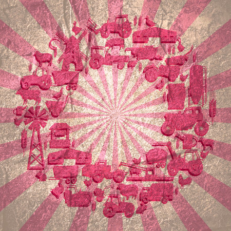Circle frame with icons of agriculture and farming. Illustration or background for eco products and agricultural presentation. Sun rays backdropの写真素材
