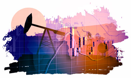 Energy and power industrial concept. Oil derrick and gas storage tank against brush painted sunset landscape. Financial market chart. Double exposureの写真素材