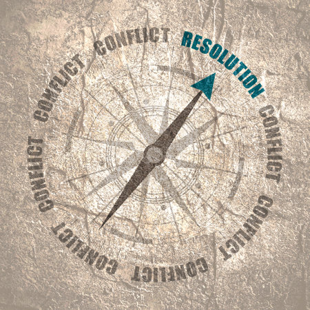 The needle of compass points to the word Resolution ignoring the words conflict , as a metaphor for discovering the real situation.の写真素材