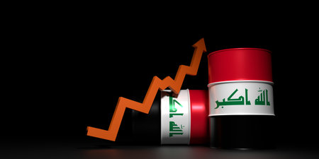 Increase of oil production and consumption concept. Oil barrels with Iraq national flag. Growth arrow. 3D renderの写真素材