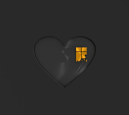Happy valentines day and wedding design elements. Window and waiting woman placed within heart silhouette. 3D renderの写真素材