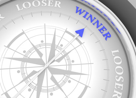 The needle of compass points to the word winner ignoring the words looser. Leadership business concept. 3D renderの写真素材