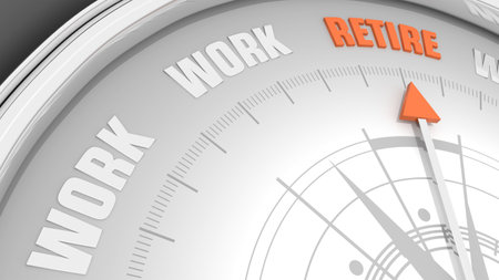 The needle of compass points to the word retire ignoring the words work. The decision an aging worker must make between staying in the workforce or entering retirement. 3D renderの写真素材