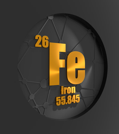 Iron chemical element. Sign with atomic number and atomic weight. Chemical element of periodic table. Circle frame. 3D renderの写真素材