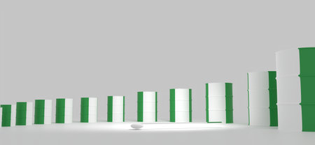 Oil production value measuring. Oil barrels growth. Nigeria national flag. 3D renderの写真素材