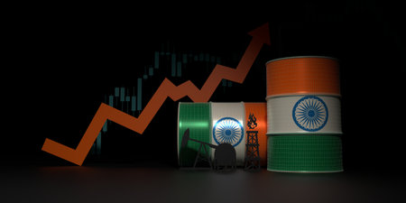 Increase of oil production and consumption concept. Oil barrels with India national flag. Growth arrow and financial stock market chart. 3D renderの写真素材