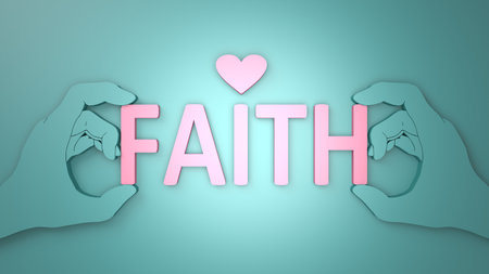 Hands hold faith word decorated with heart symbol. Religion concept animation. 3D renderの写真素材