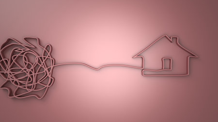 Suburban house choosing concept. Real estate business. Unraveling tangled tangle. Metaphor of problem solving. 3D renderの写真素材