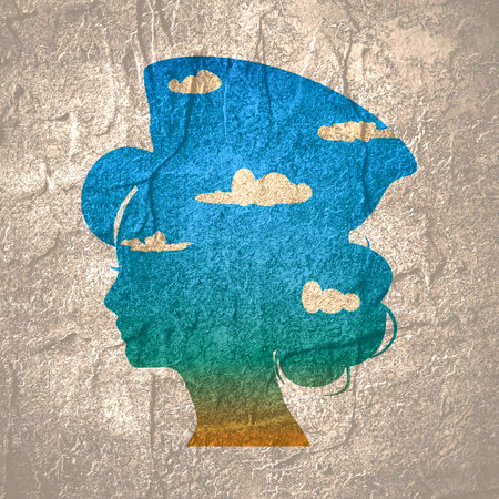 Portrait of flight attendant. Face side view icon. Elegant silhouettes of a female head. Avatar profile sign textured by sky view.の写真素材