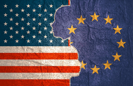 Image relative to politic and economic relationship between USA and European Union. National flags inside the heads of the businessmen. Teamwork concept.の写真素材
