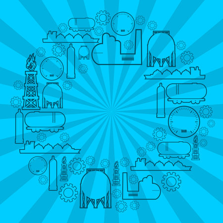 Energy and Power icons set. Design concept of natural gas industry. Circle with industrial line icons. Sun rays backdropのイラスト素材