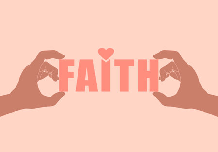 Hands hold faith word decorated with heart symbol. Religion concept illustrationのイラスト素材