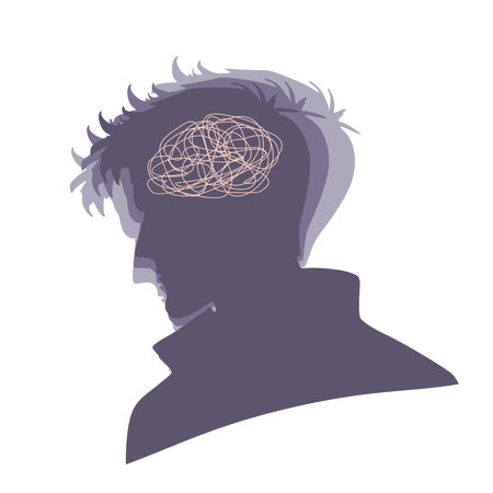 Distorted glitch style portrait. Mental health psychiatric disease concept. Split personality. Concept mood disorder. Multiple head silhouette. Psychology and mental health. Multi personality concept.のイラスト素材