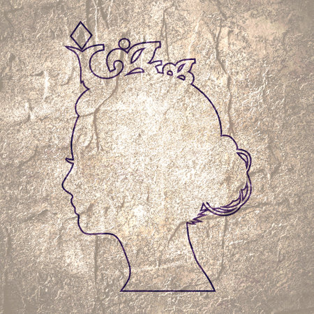 Profile view silhouette of a princess or queen. Cute girl portrait. Thin line styleの写真素材